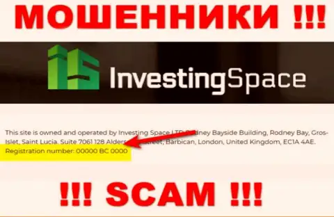 Регистрационный номер мошеннической компании InvestingSpace - 00000 BC 0000