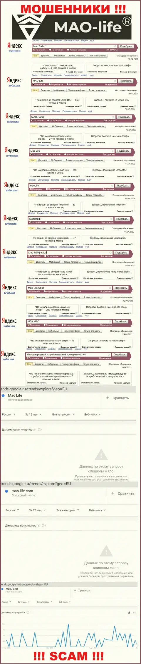 Статистика онлайн-запросов по бренду мошенников Mao Life